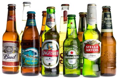 Collection of Budweiser, Kona, Sol, Stella Artois, Brand, Corona, Jupiler, Heineken, Warsteiner and Kingfisher lager beers isolated on a white background clipart