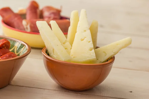 Tapas Manchego Cheese Cured Ham White Table — Stock Photo, Image