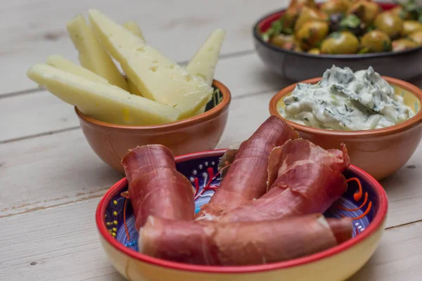 Tapas Cured Ham Tzatziki Manchego White Table — Stock Photo, Image