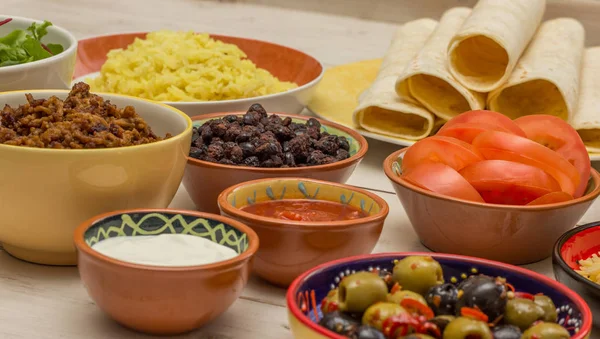 Variety Ingredients Make Mexican Burritos Tortillas Rice Black Beans Ground — Stock Photo, Image