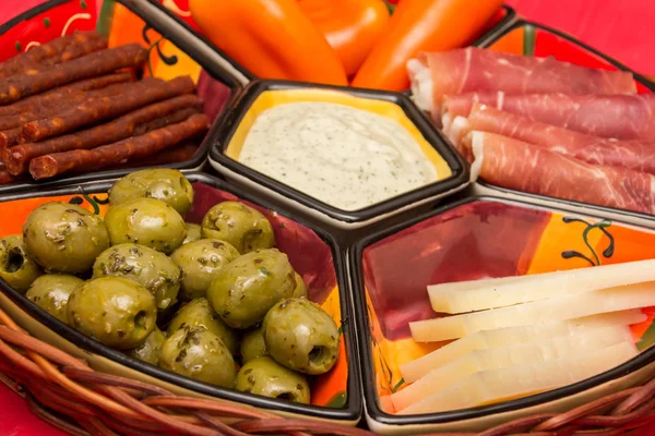 Basket Spanish Tapas Manchego Cured Ham Olives Peppers Chorizo — Stock Photo, Image