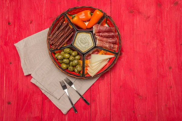 Basket Spanish Tapas Red Wooden Table — Stock Photo, Image