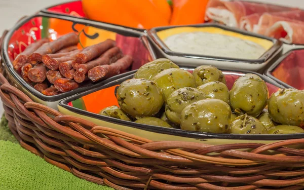 Basket Spanish Tapas Cured Ham Olives Peppers Chorizo — Stock Photo, Image