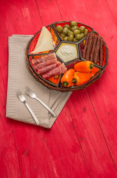 Basket Spanish Tapas Rustic Red Wooden Table — Stock Photo, Image
