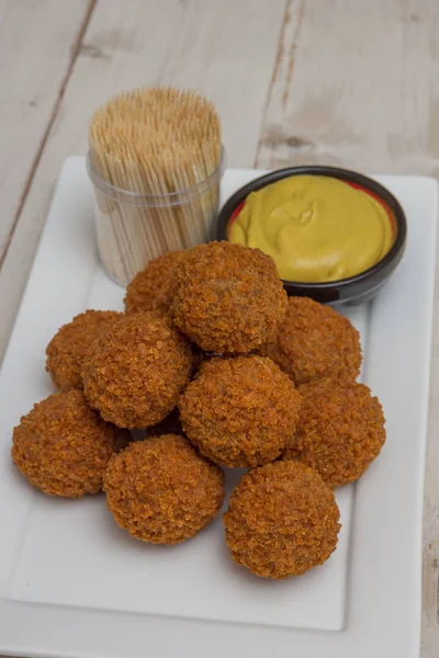 Dutch Snack Bitterballen Mustard Cocktail Picks White Plate — Stock Photo, Image