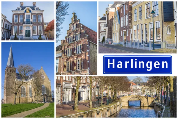 Kollaasi mielenkiintoisia nähtävyyksiä Frisian kaupungin Harlingen — kuvapankkivalokuva