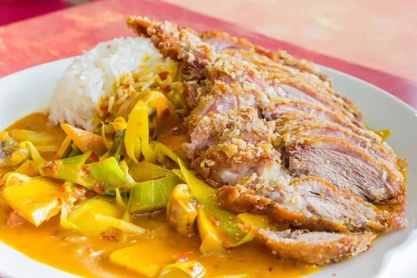 Masakan Thailand Dengan Bebek Panggang Nasi Dan Sayuran Dalam Saus — Stok Foto
