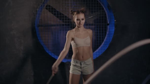 Spectacular Young Gymnast Woman Training Ribbon Moody Sport Gym Dark — Stock Video