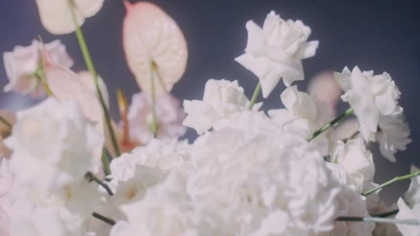 Close up moving shot of beautiful asters and roses in wedding decor — Stock Video