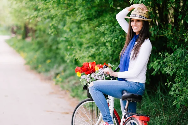 Young Woman Summer Park Riding Bike — Stock Photo, Image