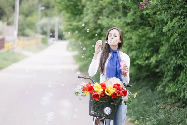 Young Woman Summer Park Riding Bike — Stock Photo, Image