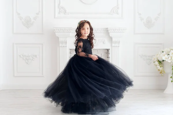 Portrait Cute Smiling Little Girl Black Princess Fluffy Dress — Stock Photo, Image