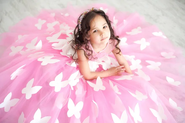 Retrato Niña Sonriente Vestido Rosa Princesa Con Mariposas Imagen de archivo