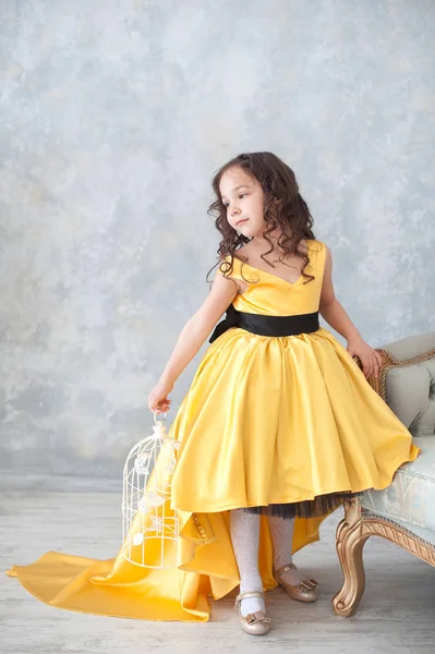 Портрет Усміхненої Маленької Дівчинки Золотій Сукні Принцеси Метеликами — стокове фото