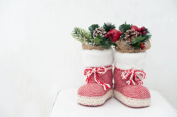 Christmas Decoration Red Santa Boot Fir Tree Pine Cones Christmas — Stock Photo, Image