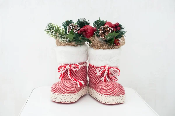 Christmas Decoration Red Santa Boot Fir Tree Pine Cones Christmas — Stock Photo, Image