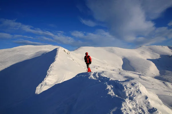 Turisten står på åsen av bergen i vinter m — Stockfoto