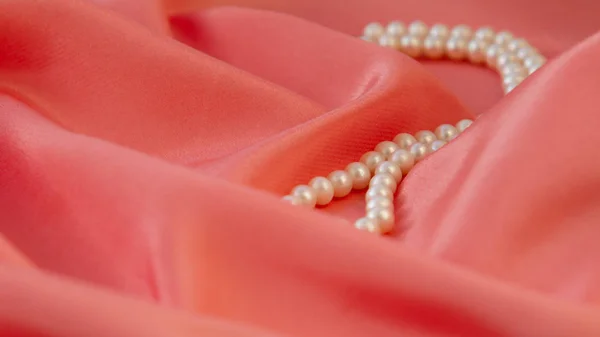 Beautiful Background Fabric Color Living Coral Pearl Beads — Stock Photo, Image