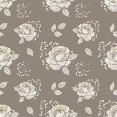 Bej bir arka planda izole edilmiş, altın elementlerle suluboya desenli gri çiçekler. Düğünler, davetiyeler, selamlar, kartlar, tekstil için el çizimi.