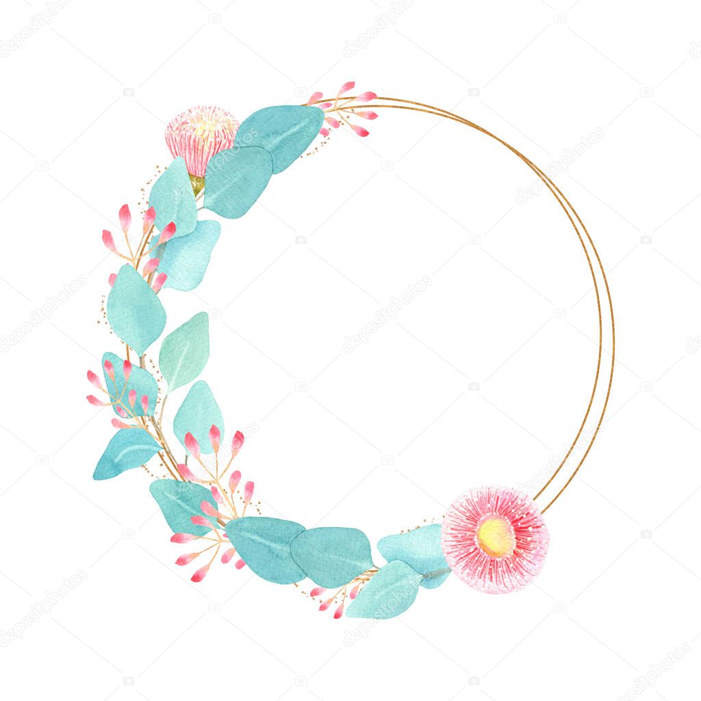 Watercolor wreath-frame of eucalyptus branches with Golden ellipses isolated on a white background. For textiles, Wallpaper, stickers, wedding design.