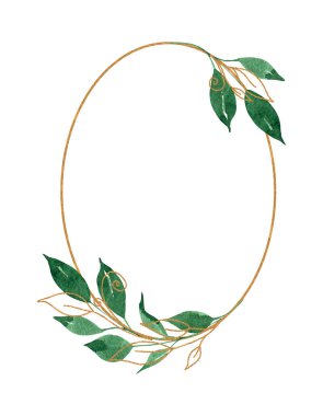 Beyaz arka planda izole edilmiş altın geometrik elemente sahip suluboya yaprak çerçevesi. Düğün tasarımı, tebrik kartları, davetiyeler için. El çizimi.