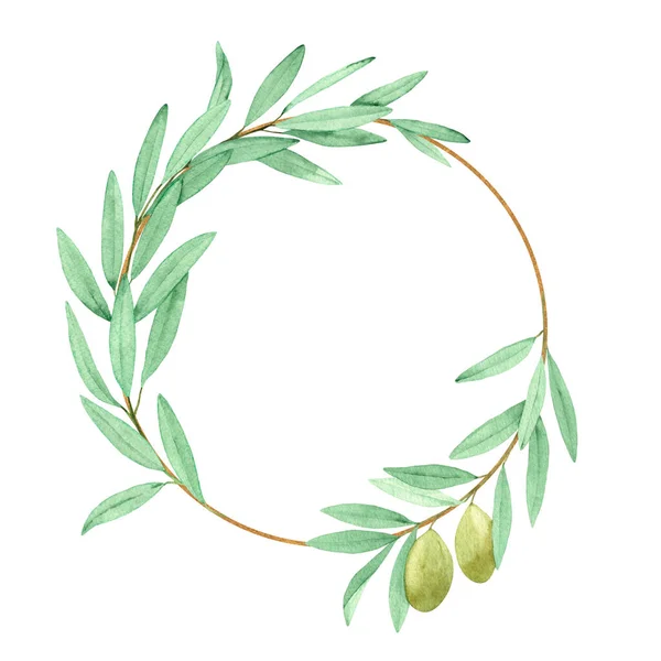 Watercolor Frame Olive Branches Isolated White Background Wedding Decor Invitations — Stock Photo, Image