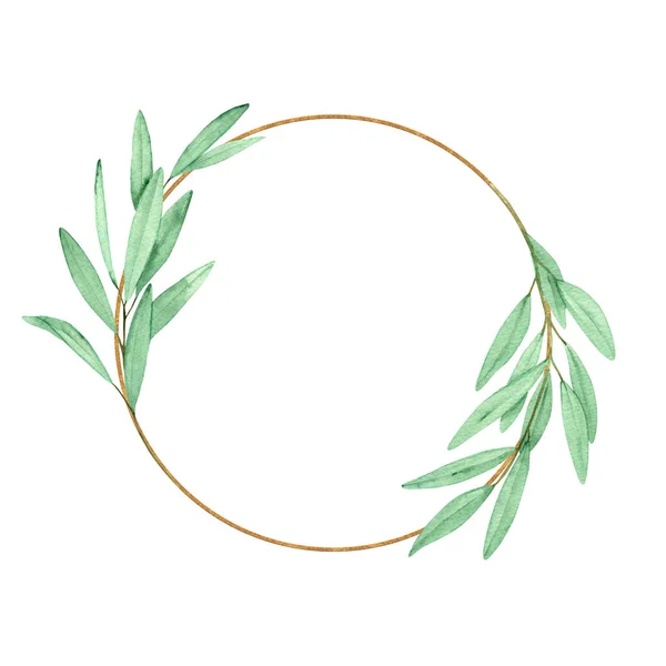 Watercolor Frame Olive Branches Isolated White Background Wedding Decor Invitations — Stock Photo, Image