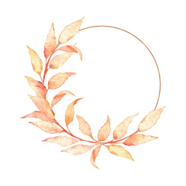 Sonbahar turuncu ve sarı yapraklardan oluşan suluboya çerçeve beyaz arka planda izole edilmiş altın geometrik bir element. Davetiyeler, selamlar, düğün tasarımı.