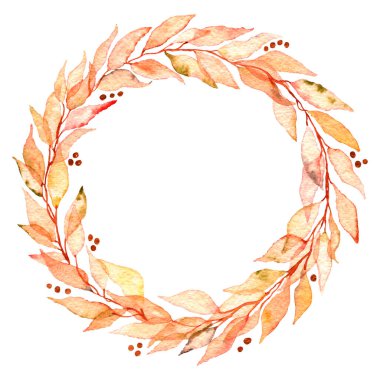 Sonbahar portakal ve sarı yapraklardan oluşan suluboya çelenkler, beyaz arka planda izole edilmiş. Davetiyeler, selamlar, düğün tasarımı.