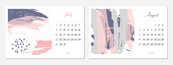 Vector calendar for 2019. Set of 2 months, 2 Hand drawn textures. Week Starts Sunday. Calendar for 2019 vector template with abstract art pattern.