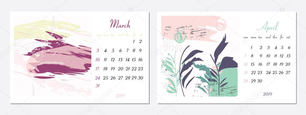 Vector calendar for 2019. Set of 2 months, 2 Hand drawn textures. Week Starts Sunday. Calendar for 2019 vector template with abstract art pattern.