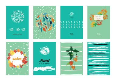 Broşür El çekilmiş soyut tasarım öğeleri, desenleri ve sonbahar besteleri kümesidir. Vektör şablonları.