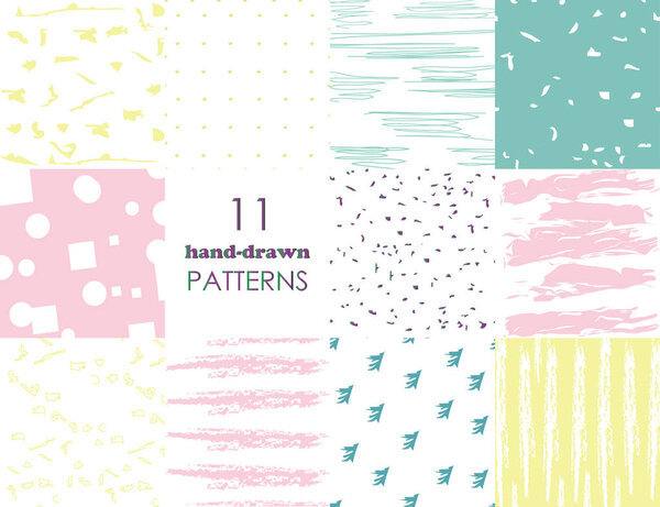Set of 11 hand drawn trendy patterns with ink brush strokes.. Isolated on colorful backgrounds. Vector patterns for your design