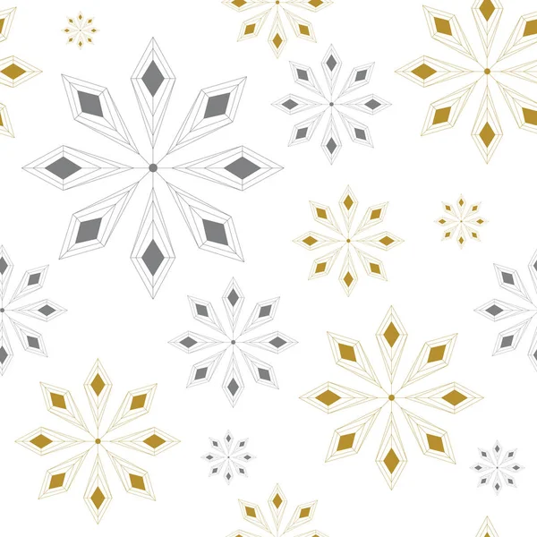 雪の結晶抽象的な背景とクリスマスシームレスパターン 灰色と金色の雪片 ベクトルイラスト 白地だ 新しい年のファッションプリントのためのホリデーデザイン — ストックベクタ