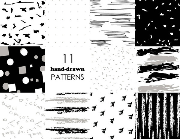 Set of 11 hand drawn trendy patterns with ink brush strokes.. Isolated on white and black backgrounds. Vector patterns for your design