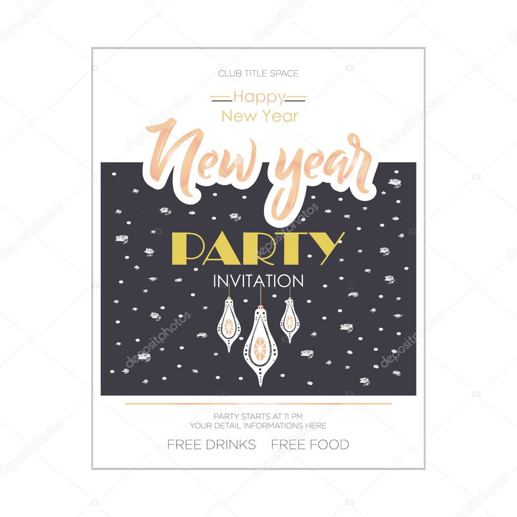 Christmas party celebration flyer design with decoration balls and snow on brightbackground
