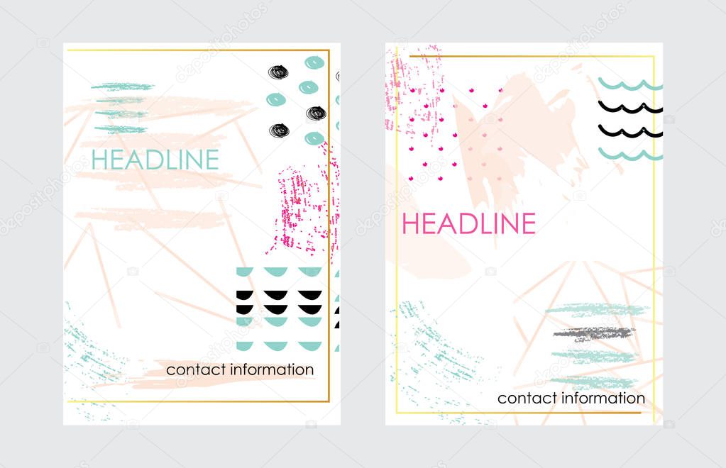 Creative cards with abstract geometric backgrounds. Trendy hipster style. Pastel pink, blue colors. Usable for greeting cards, invitations, poster, flyer, brochure, sticker, planner or cover