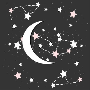 Yıldızlar ve takımyıldızların. Boşluk gökada soyut vektör desen yıldızlar ve ay ile. Kozmik yıldızlı siyah arka plan.