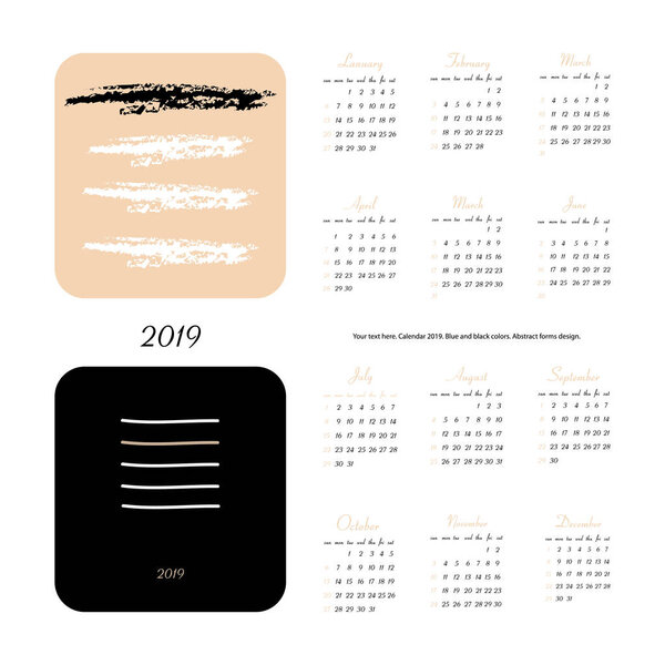 Vector calendar for 2019. All 12 months. Week Starts Sunday. Calendar for 2019 vector template with abstract art pattern.