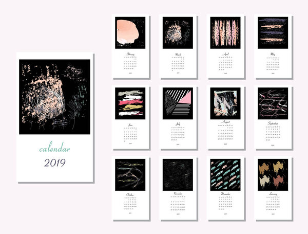 Vector calendar for 2019. All 12 months. Week Starts Sunday. Calendar for 2019 vector template with abstract art pattern.
