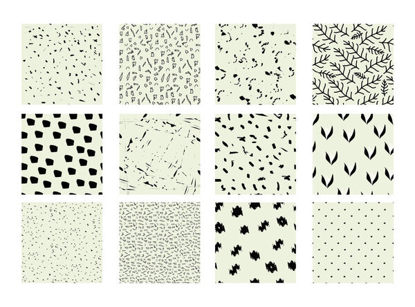 Set of 12 hand drawn trendy patterns with ink brush strokes.. Isolated on white backgrounds. Vector patterns for your design