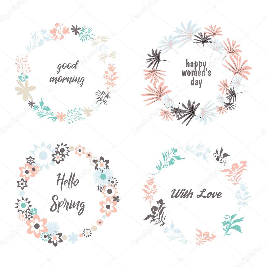 Set of Greeting card design with floral decoration and hand lettered text. Hand drawn invitation or greeting card template