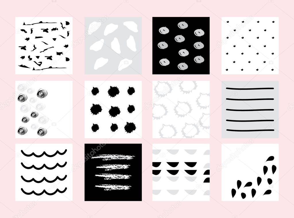 Set of 12 creative cards. Hand Drawn vector textures 