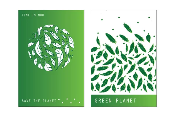 Ensemble Cartes Universelles Tendance Avec Eco Logo Bio Vert Autocollant — Image vectorielle