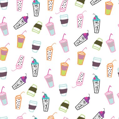 Juse, kahve, Tee ve diğer içeceklerin birçok cam Dikişsiz deseni. Parlak Doodle arka plan