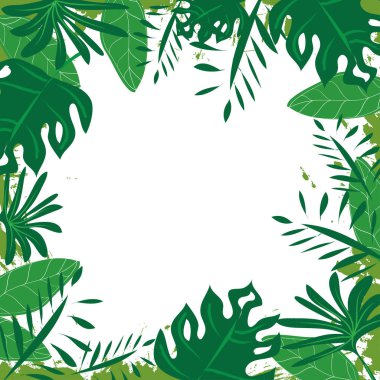 Tropikal parlak yeşil egzotik çerçeve deseni beyaz artalanları üzerinde yaprakları