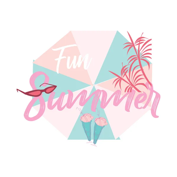 Fun Summer Banner Juicy Colors Summer Composition Umbrella Sun Glasses — Stock Vector