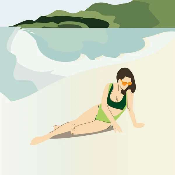Mädchen Die Sich Strand Ausruhen Sommer Retro Cartoon Illustration Trendiger — Stockvektor