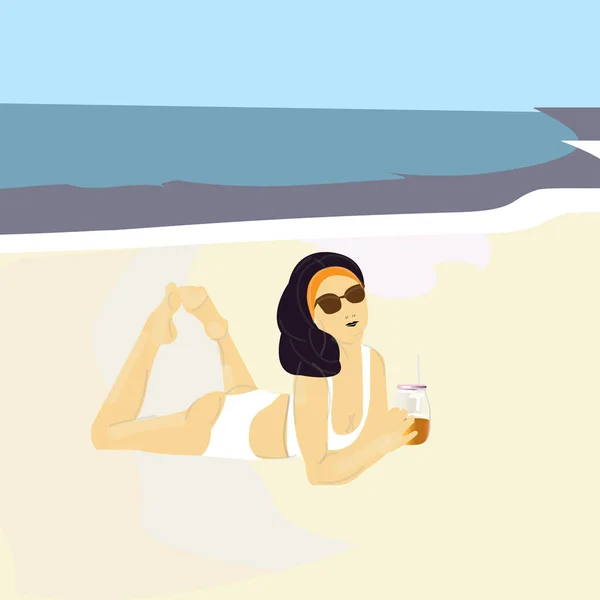 Dívka Odpočívá Pláži Letní Retro Ilustrace Módní Styl Koření — Stockový vektor