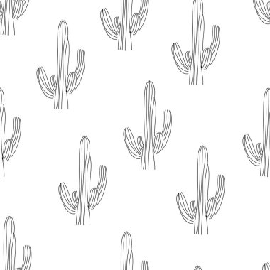 Dikişsiz kaktüs vektör çizimleri. El çizilmiş anahat kaktüs seti. Kaktüs bitkileri doğa elemanları